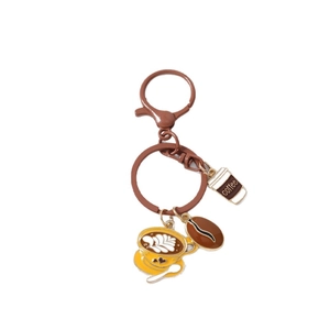 Coffee bean and latte cup keychain pendant with coffee text on a durable brown metal ring
