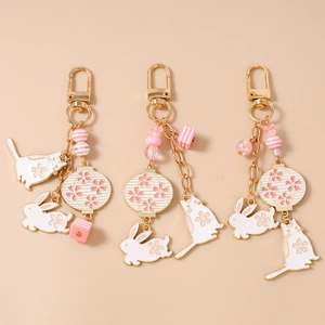 Japanese Sakura Cherry Blossom Cat Rabbit Lantern Keychain Alloy Enamel Bag Pendant Beads Accessory For Women Girls Gift