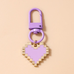 Purple mosaic heart keychain with pixel design, golden metal edges and a purple keyring