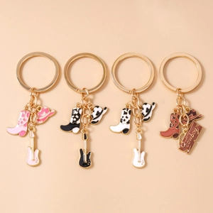 Western Cowboy Keychain Metal Boot Hat Guitar Enamel Charms Cow Print Vintage Bag Pendant Accessory For Women Men Gift