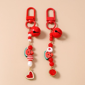 Summer Watermelon Fruit Beaded Keychain With Red Metal Bell For Women Girls Cute Bag Charm Keyring Jewelry Accessories
