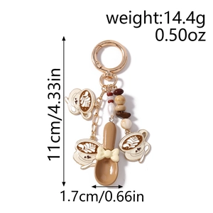 Detail view of coffee theme keychain showing dimensions and coffee cup pendants with hearts