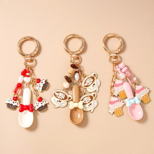 Fashion Zinc Alloy Enamel Coffee Cup Cupcake Ice Cream Keychain With Spoon Bowknot Bead Bag Pendant Key Ring For Women