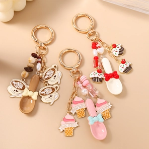 Coffee and dessert themed keychain with metal spoon, bow and beads in three colors