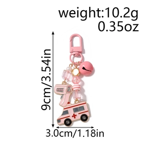 Pink ambulance keychain with thermometer charm and colorful beads on metal D-ring clip
