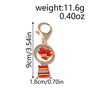 Detail of firefighter keychain with vest and glove charms and measurement labels