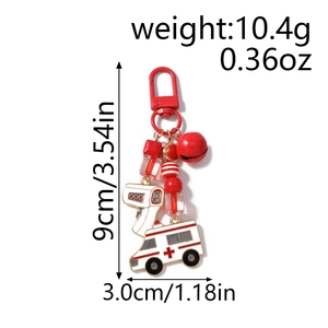Nurse theme keychain with ambulance charm and beads showing dimensions 9cm by 3cm