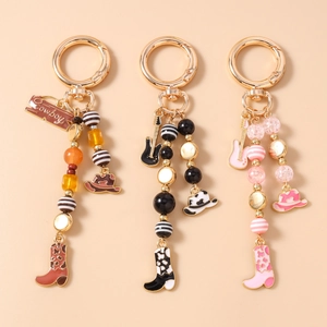 Western Cowboy Beaded Keychain Enamel Cowboy Hat Boot Guitar Pendant Bag Charm For Women Girls Gold Tone Metal Key Ring
