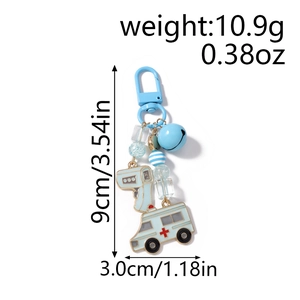 Detailed view of nurse theme keychain with ambulance, thermometer charms and dimensions