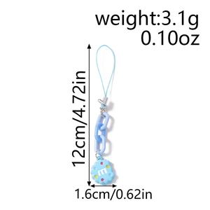 Detail view of blue chain keychain with alphabet cookie charm showing 12cm length measurements