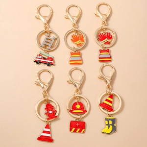 Firefighter Theme Metal Keychain Gold Plated Zinc Alloy Fire Truck Hydrant Extinguisher Pendant Key Ring For Backpack Bag Decor