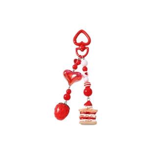 Beaded heart keychain with realistic strawberry and cream cake charms for bags