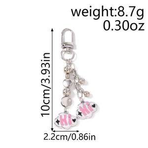 Pink cloud charms keychain with silver chain and beads, dimensions 10cm by 2.2cm