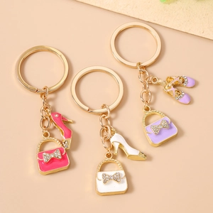Chic enamel handbag and high heel shoe keychains with crystal bows in three colors