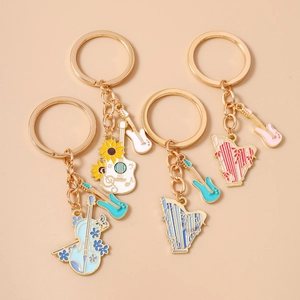 Creative Musical Instrument Keychain Zinc Alloy Enamel Harp Guitar Bag Pendant Sunflower Music Lover Gift For Women Men