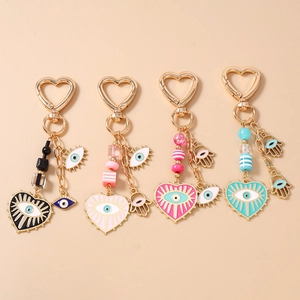 Bohemian Evil Eye Heart Keychain For Women Zinc Alloy Enamel Hamsa Hand Pendant Heart Shape Bag Charm Key Ring Accessory