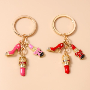 Fashion Zinc Alloy High Heel Lipstick Charm Keychain Rhinestone Enamel Pendant Keyring For Bags Women Accessory Gift