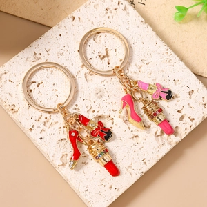 Fashion high heel and lipstick keychain with sparkling crystals and gold plating