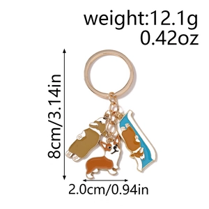 Detail showing cartoon Corgi keychain dimensions and weight for bag accessories
