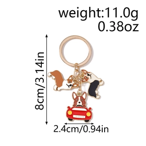 Detail showing cartoon Corgi dog keychain charms with size and weight measurements