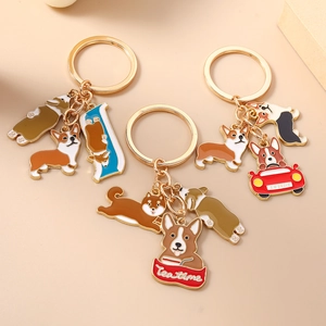 Cute cartoon Corgi and Shiba Inu enamel keychains with golden rings and dog charms