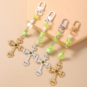 Fashionable beaded cross keychain set with striped resin beads and baroque pendant charms