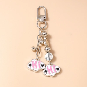 Detailed view of silver beaded keychain featuring cute white clouds with pink Hi lettering