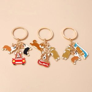 Cute Corgi cartoon metal keychains set with driving and tea time enamel charms