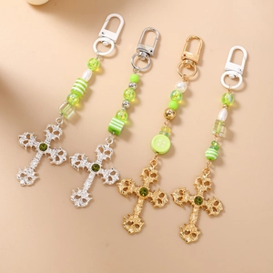 Baroque style beaded keychain set with cross pendants and green stones for bags