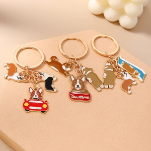 Cute Corgi cartoon enamel keychain set with tea time pendants in golden metal finish