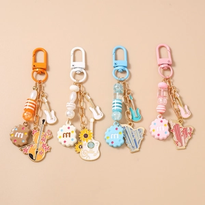 Musical Instrument Beaded Keychain Creative Guitar Violin Harp Enamel Pendants Colorful Cookie Bead Charm For Bag Purse Women Gift