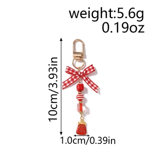 Detailed view of red bow beaded keychain with Pingan fortune bag and product dimensions