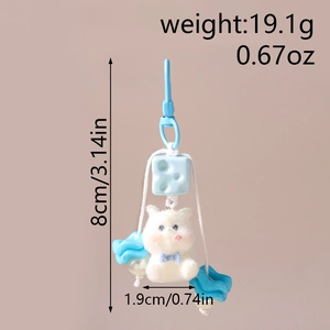 Detail showing weight 19.1g and 8cm size of white plush bear keychain with blue bow tie