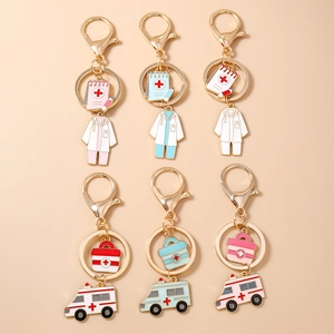 Medizinisches Thema Zinklegierung Emaille Schlüsselanhänger Krankenwagen Erste-Hilfe-Kasten Arzt Kittel Krankenakte Tasche Anhänger Schmuck Geschenk