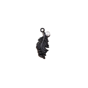 Black feather charm pendant with white pearl for DIY jewelry making and necklaces