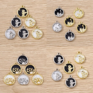 Alliage Rond Émail Ange Château Arbre de Vie Breloques Pendentifs en Relief Avec Perle Artificielle Strass pour Création de Bijoux