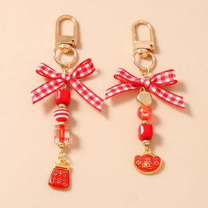 Chinese Style Red Beaded Keychain With Bow Fortune Bag Ingot Pendant Peace Wealth Blessing Key Ring For Women Bag Decor