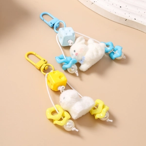 Cute animal plush cat keychain with cheese bead and metal clasp in yellow and blue