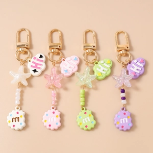 Cute Starfish Cloud Beaded Keychain With Letter HI And M Biscuit Pendant Zinc Alloy Bag Charm For Women Girls Gift