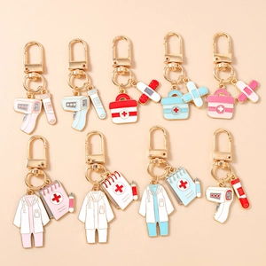 Medical Theme Enamel Keychains Doctor Nurse Uniform Thermometer Band-Aid First Aid Kit Metal Key Ring Jewelry Gift