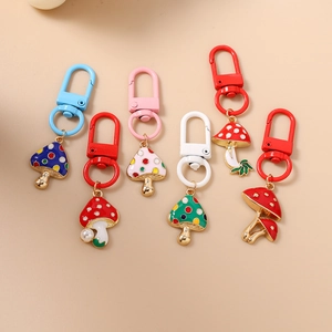Fashionable 6-piece mushroom keychain set with colorful enamel pendants and lobster clasps