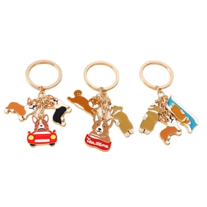 Cute cartoon Corgi metal enamel keychain set with tea time and driving puppy charms