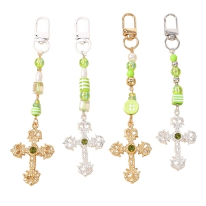 Set of 4 vintage green beaded keychains with baroque cross pendants for bags