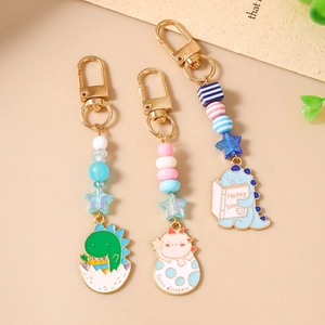 Porte-clés dinosaure de dessin animé avec perles colorées et fermoirs mousquetons pour sacs