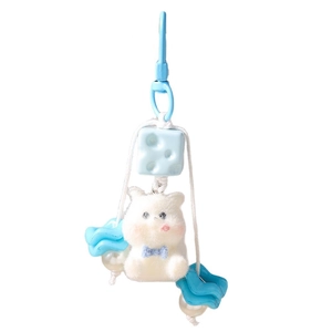 Cute white flocked bear keychain with blue polka dot bow and cheese charm accessory