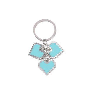 Sky blue pixel heart keychain featuring three mosaic style enamel charms on silver ring