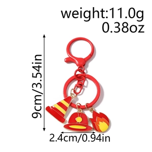 Detail view of firefighter keychain with hydrant, helmet charms and size dimensions