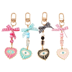 Beaded Evil Eye Heart Keychain Set with Bowknot in Pink Blue Black and Rose Gold Finish
