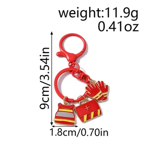 Detailed view of firefighter keychain pendants with vest and first aid kit dimensions
