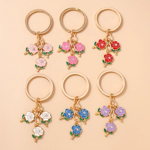 Elegant Enamel Rose Flower Keychain Zinc Alloy Rhinestone Inlaid Bag Charm Pendant Key Ring For Women Floral Accessory Gift